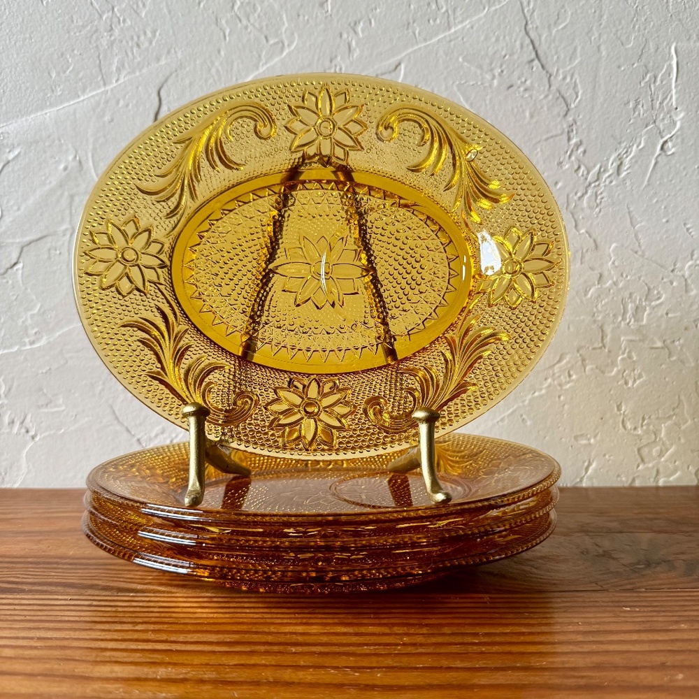 Vintage Tiara Sandwich Amber Snack Plates | Indiana Glass | Floral Pressed Glass